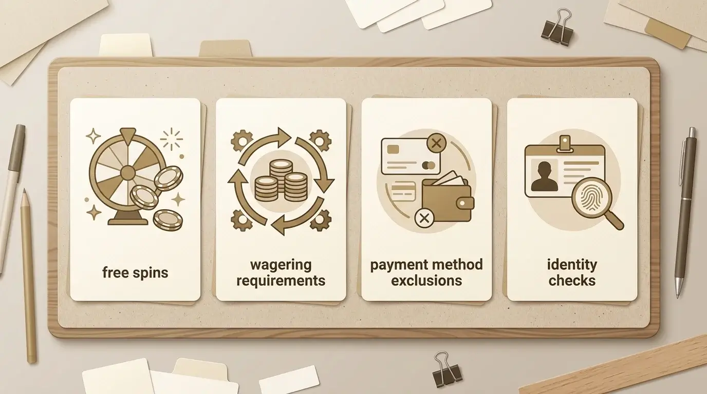 Abstract bonus checklist with free spins, wagering, payment method and KYC cards