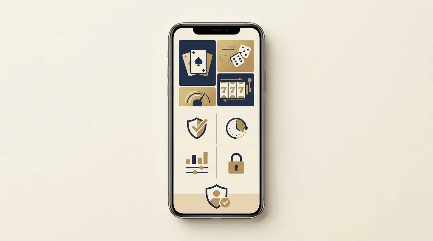 Generic mobile casino concept with safer-gambling tools and account check icons