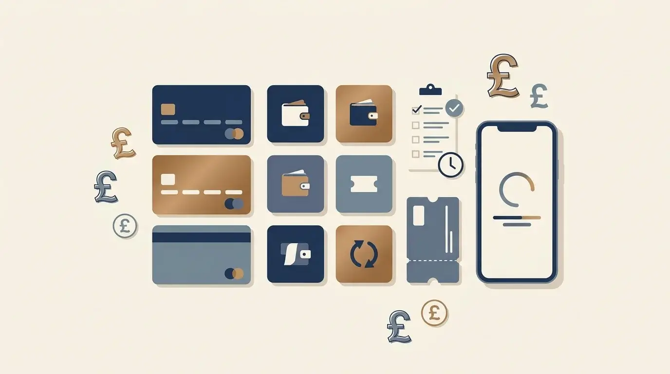 Payment planning desk with debit card, e-wallet symbols and verification checklist